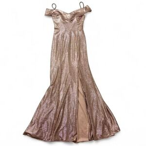 Rose Gold metallic formal off-the-shoulder maxi dress V-neck front slit stretch